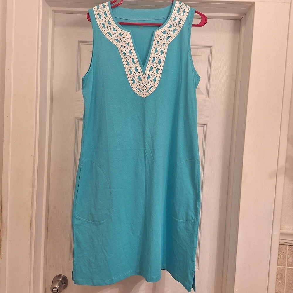 Lands' End Turquoise Sleeveless Dress with White Lace Size Medium Large 10-12